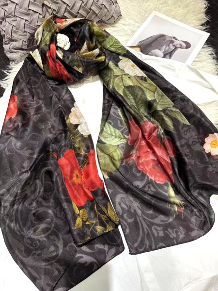 Scarf 100% Silk Paj Flower Red Black Green